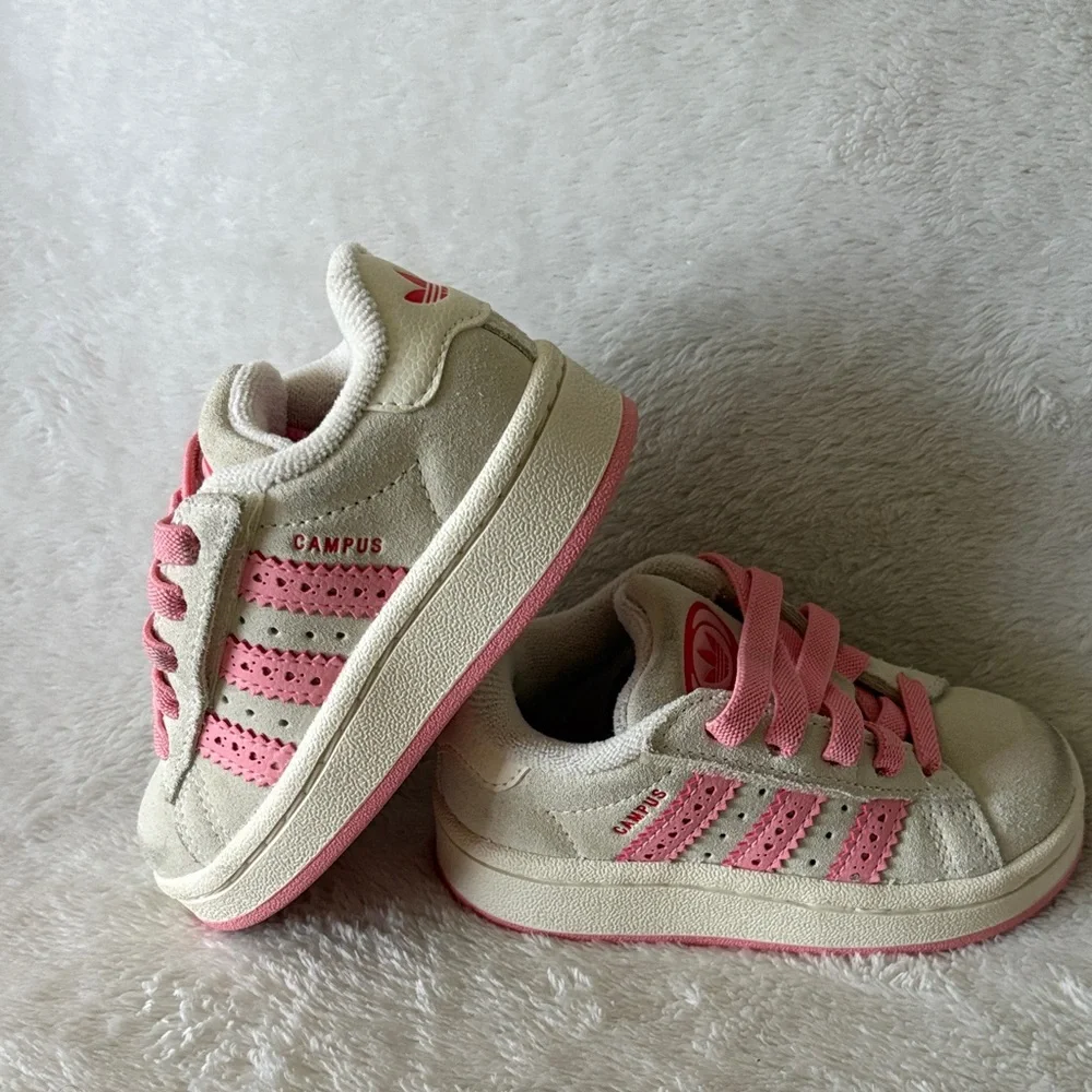 adidas Kids Cream Suede Sneakers with Pink Accents